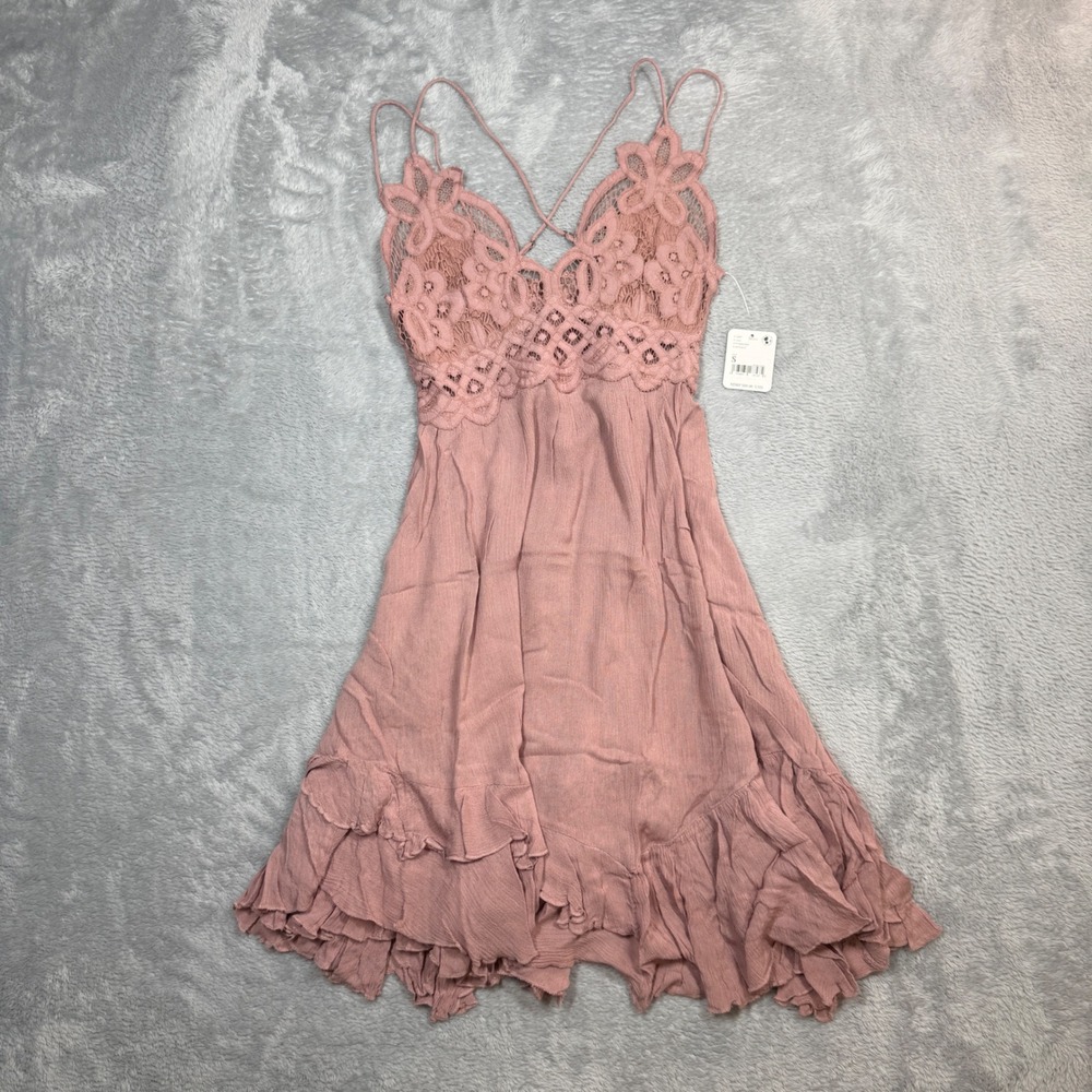 Free People Adella Slip Dress Womens S Rose Pink Boho Lace Ruffle Mini Fairy